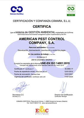 Certificado ISO 14001 de American Pest